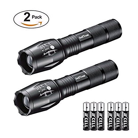 swiftrans Tactical Flashlight, Ultra Bright LED Flashlight with Adjustable Focus and 5 Light Modes - Zoomable, IPX4 Water-Proof, High Lumens Cree XML T6 LED, 6 AAA Batteries Included(2 Pack)