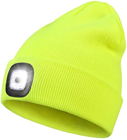 LED Beanie Hat with Light,Unisex USB Rechargeable Hands Free 4 LED Headlamp Cap Winter Knitted Night Lighted Hat Flashlight Women Men Gifts for Dad Him Husband (fluorescent yellow)