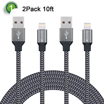 Xcords(TM) 2Pack 10Ft Nylon Braided 8 Pin Lightning to USB Cable Data Syncing Cord for iPhone 7/ 7 Plus/6/ 6 Plus/ 6s/ 6s Plus /5/5s/5c/SE/iPad/iPod/Beats Pill (Black&Coral)