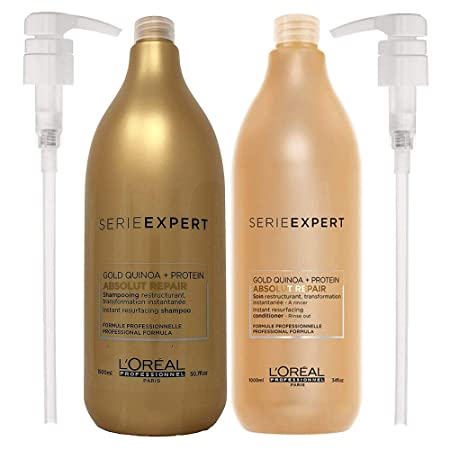 Serie Expert Absolut Repair Instant Resurfacing Gold Quinoa Shampoo 50.7 oz & Conditioner 34 oz with Pumps & Beautify Comb