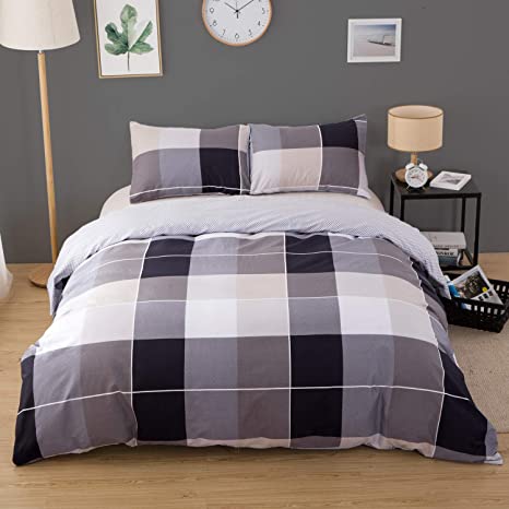 CLOTHKNOW Checker Duvet Cover Sets Cotton Boys Queen Bedding Sets Full Plaid Geometric Bedding Comforter Cover Sets with Zipper Closure and 2 Pillowcases