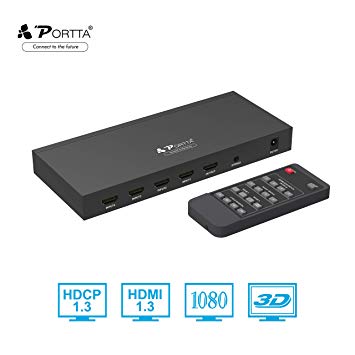 Portta HDMI 4X1 Quad Multi-Viewer Switch with IR Remote Control Stereo and Service 5 Modes Seamless Switcher Splitter Support HDCP1.3 1080p Scaler up/down USB upgrade 4 in 1 out