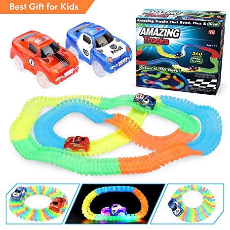 COOLJOY 260 Pieces Racrtrack Set with Cars, Track Car 2 Packs Light-Up Fast Speed Race Cars with Tracks Race Car Toy 5 LED Lights Racing Cars Track Car Endless Fun for Boys & Girls with Gift Box