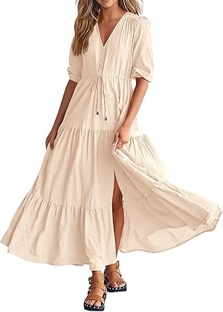 BTFBM Women Summer Dresses Short Sleeves V Neck Button Drawstring Maxi Dresses Solid Color Boho Long Dresses