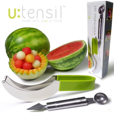 u:tensil PREMIUM WATERMELON SET◉Slicer & Server Tongs For Coring◉Melon Baller Tool And Slicer Knife Cuts Fruit & Vegetables Like Cantaloupe, Honeydew & Advocado◉Best Kitchen Gadget Accessories Or Gift