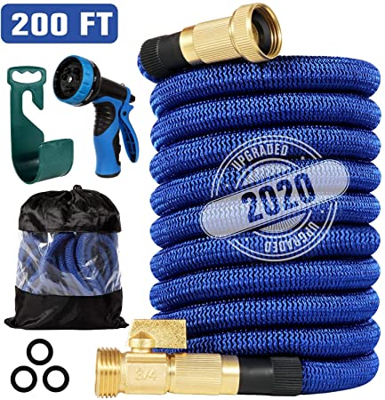200 ft Expandable Garden Hose,Strongest Flexible Water Hose, 9 Functions Sprayer with Double Latex Core, 3/4" Solid Brass Fittings, Extra Strength Fabric - 2020 Upgraded Lightweight Expanding Hose