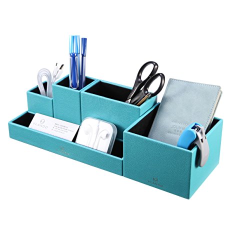 VPACK Leatherette 5-Compartment Multifunctional DIY Office Desk Organizer,Desktop Stationery Storage Box, Card/Pen/Pencil/Mobile Phone/Remote Control Holder, Assorted Color (Peacock Blue)