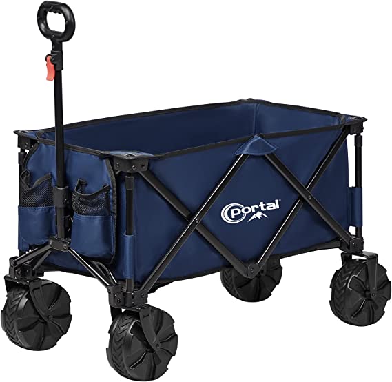 PORTAL Collapsible Folding Utility Wagon, Foldable Wagon Carts Heavy Duty, Large Capacity Beach Wagon with All Terrain Wheels, Outdoor Portable Wagon for Camping, Garden, Shopping, Groceries, Blue