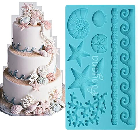 Anyana Sea Shell starfish conch coral Silicone Fondant Mold for Cake Decoration Chocolate Candy Mold Soap Mold Baking Tool Jello Mold edible Non stick easy to use