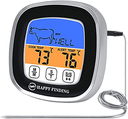 HAPPYFINDING Digital Meat Thermometers Colour Touchscreen - Barbecue BBQ Thermometer Instant Read Timer with 40 Inch Probe Cable - Alarm Kitchen Cooking Thermometer Temperature Preset