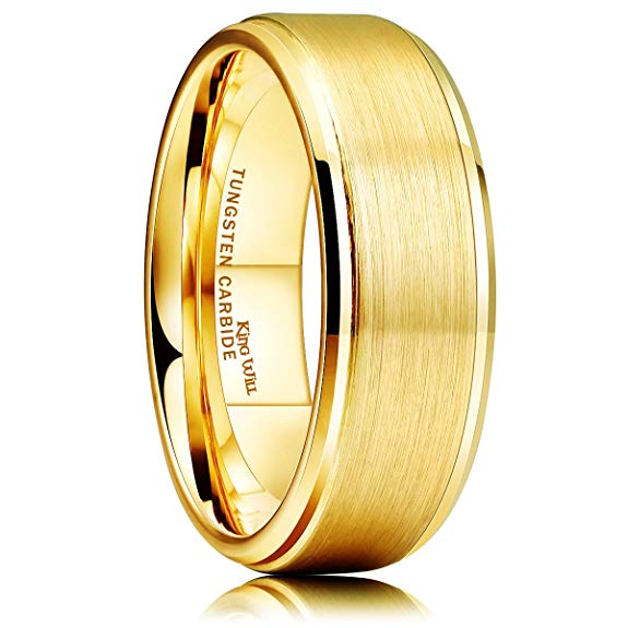 King Will Glory Womens Mens 8mm Matte Brushed Tungsten Carbide Ring 14K Yellow Gold Wedding Band Comfort Fit