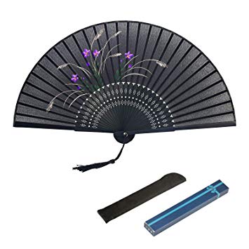 KAKOO Black Hand Fan Silk Fabric Orchid Pattern Bamboo Handheld Folding Fan Chinese Oriental Style Handmade For DIY Wall Decoration Wedding Party Dancing Show Props Gift Boxed