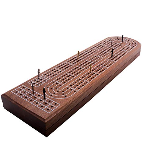 Premium Cribbage Board Game by GrowUpSmart with 3-track classic Cribbage Board, free Playing Cards Deck, easy grip metal Cribbage Pegs, kids/adults Retro Wooden Board Set, hard wood convenient storage