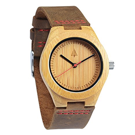 Treehut Wooden Bamboo Watch with Genuine Brown Leather Strap Quartz Analog wi...