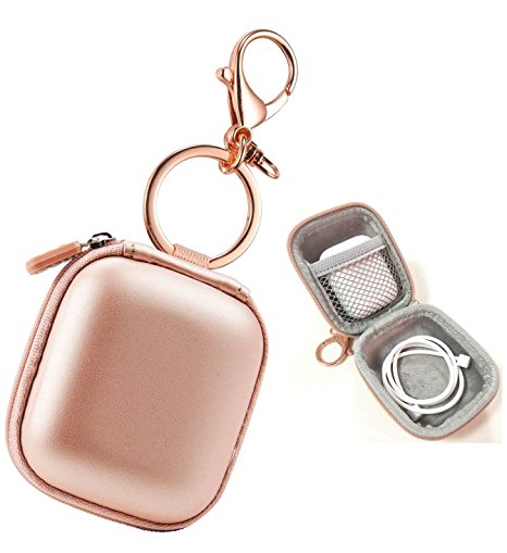 Airpods case, AirPod Charging Protective Case, Premium PU Leather Hard case, Portable Protective Cover Carrying Case with Metal Clasp and Keychain for Apple AirPods Earphones (Rose Gold)