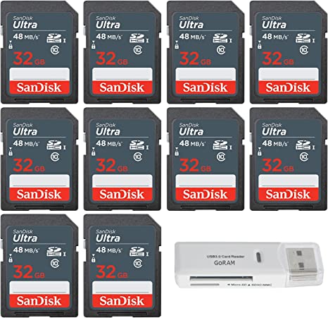 SanDisk Ultra 32GB (10 Pack) Class 10 SDHC UHS-I Memory Card up to 48MB/s SDSDUNB-032G Bundle with GoRAM USB 3.0 Multi Card Reader