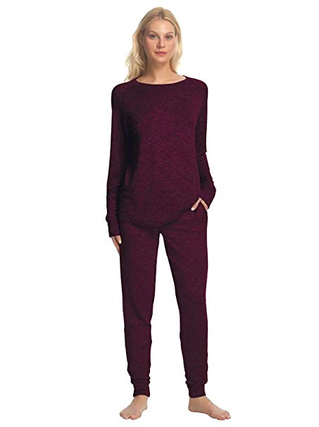 Felina Women's 2 Piece V-Notch Crew Neck & Jogger Lounge Pajama Set