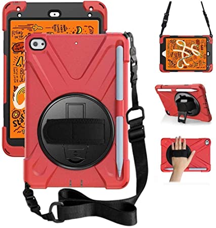 ZenRich iPad Mini 5 Case 2019 iPad Mini 4 Case 2015 zenrich Heavy Duty Shockproof Rugged Case with Pencil Holder Kickstand Hand Strap Carrying Shoulder Belt for iPad 7.9 inches Tablet, Red