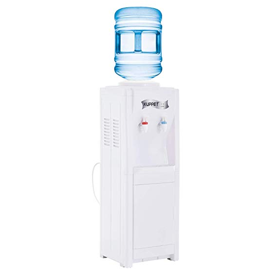 KUPPET Water Dispenser Top Loading Freestanding With Storage Cabinet, Water Coolers, Two Temperature, Hot(185℉-203℉), Normal Temperature(50℉-59℉),3-5 Gallon (32'', White)