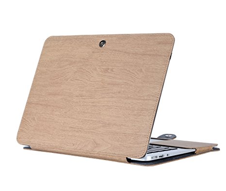 Mosiso PU Leather Book Folio Stand Case for MacBook Air 13 Inch (Models: A1466 and A1369) - Wood Grain Light Brown