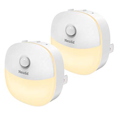 Newild Plug-in Night Light, Warm White LED Nightlight, Auto Dusk-to-Dawn Motion Sensor, Hallway, Stairs,Bedroom, Bathroom, Kitchen, Energy Efficient, Compact, 2-Pack