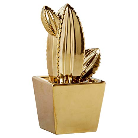 Rivet Electroplated Ceramic Cactus Figurine, 8.75" H, Gold Finish