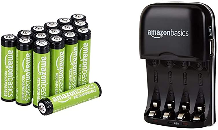 AmazonBasics AAA Rechargeable Batteries (16-Pack) and Ni-MH AA & AAA Battery Charger with USB Port Set