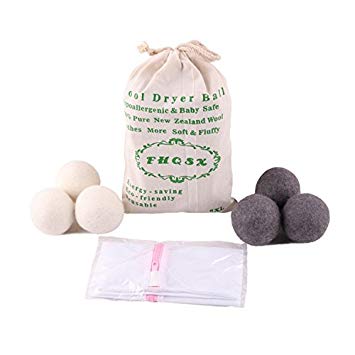 Wool Dryer Balls by FHQSX 6-Pack, XL Premium Reusable Natural Fabric Softener, White and Grey