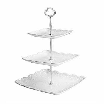 WINCANG 3-Tier Porcelain Square Stacked Party Cupcake and Dessert Tower - White Cake Stand (3 Tier, White)