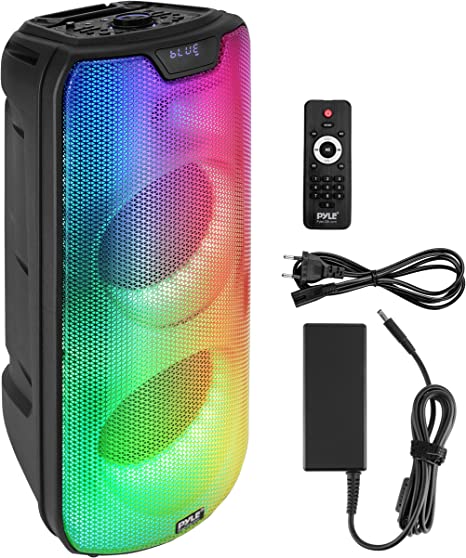 Pyle Bluetooth Portable PA Party Speaker - 600W Dual 8” Rechargeable Indoor/Outdoor BT Karaoke Audio System w/Guitar/Mic Input, TWS, X-Bass Function, Flashing Party Flame Lights, MP3/USB/AUX/FM