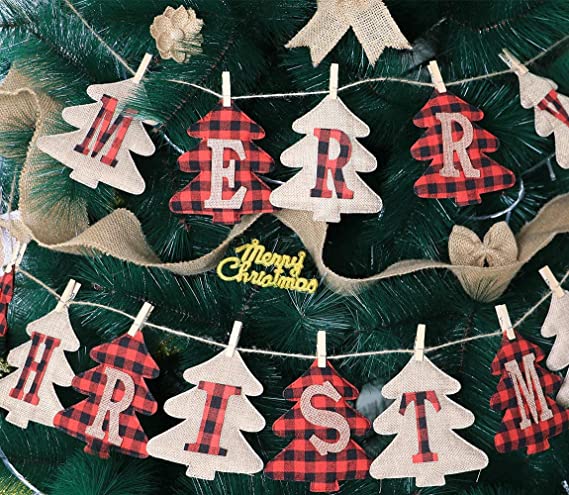Merry Christmas Burlap Banner, Burlap and Buffalo Plaid Tree Shaped Christmas Decorations Indoor, Unique Hand-Sewn Christmas Decor, Christmas Ornaments for Wall, Window, Tree and Fireplace Decoration