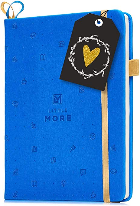 Little More Dot Grid Notebook 4 Colors/Dotted Notebook/Journal Hardcover with Thick Paper - Leather Pocket Bullet Planner (7-5,5) / Small Diary with Numbered Pages & Pen Loop   Stickers (Blue)