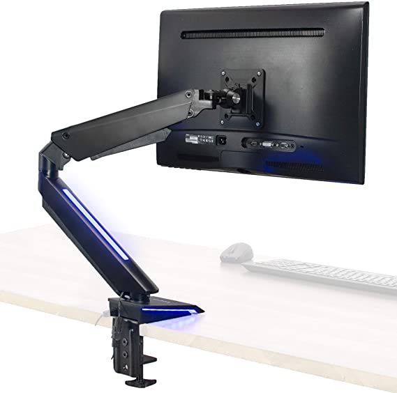 VIVO Premium Single 17 to 32 inch Gaming Pneumatic Monitor Arm Clamp-on Desk Mount Stand with Blue LED Lights, Max VESA 100x100, Black (STAND-GM1BB)