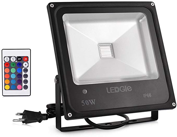 LEDGLE 50W RGB LED Flood Lights, Outdoor Color Changing Floodlight with Remote Control, IP66 Waterproof 16 Colors 4 Modes Dimmable Wall Washer Light, Stage Lighting with US 3-Plug