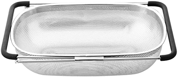 Premium Quality Stainless Steel Large Over the Sink Mesh Kitchen Strainer Colander Expandable Adjustable Rubber Grip Handles,Dishwasher Safe for Rinse Drain Strain Fruits, Vegetables, Pasta,Greens