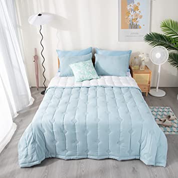 KASENTEX Lightweight Comforter All Season 3 Piece Quilt Set (Includes Quilt and 2 Pillow Shams) - Reversible Bedspread & Coverlet Sets Machine Washable Bedspread, Cloud Blue / Ivory, Queen Size