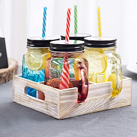 MyGift 16 oz 4-Piece Multicolored Partyware Drinkware Mason Jar Mug Glasses with Handles, Lids, Reusable Straws & Vintage Wood Carrier