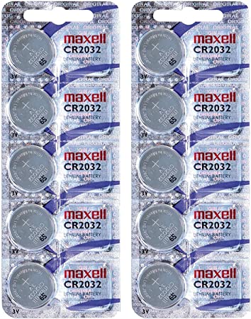 Maxell CR2032 Batteries Lithium Button Cell 3 V Batteries in 2 x Pack of 5 Button Cell Batteries