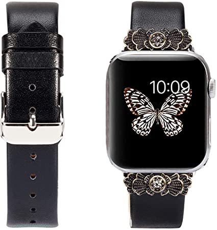 Wearlizer Black Leather Compatible with Apple Watch Band 42mm 44mm for iWatch Womens Embellishment Strap Replacement Classic Decoration Wristband Stylish Cute Bracelet (Silver Clasp) Series 5 4 3 2 1