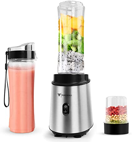 Smoothie Blender,Tenswall 400W Personal Mini Blender with 2 Travel Bottle(600ml)   100ml Grinder Cup, Silver, 25,000 RPM