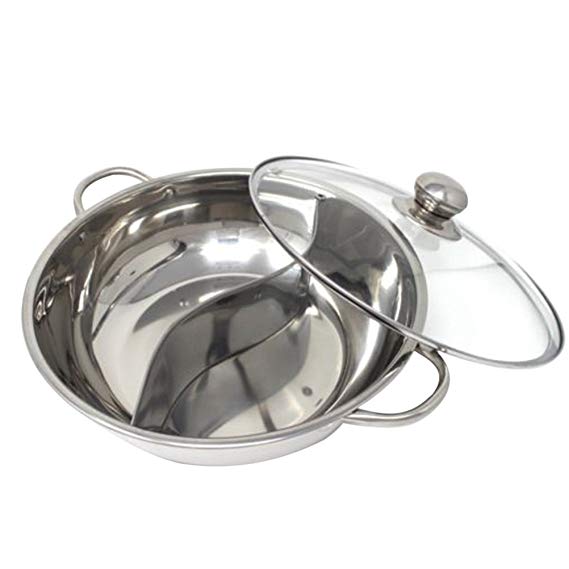 BESTONZON Hot Pot cooker,Mandarin Duck Pot,Kitchen Casserole Soup Cooking Tool,2 Grid 2 Taste 30cm Stainless Steel Hot Pot,With Glass Lid (30cm)