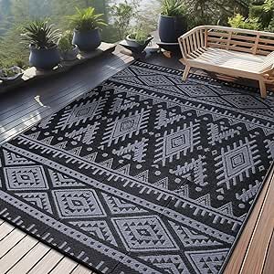 OLANLY Outdoor Rug Waterproof 8x10 ft, Reversible Outdoor Plastic Straw Rug, Boho Patio Rug, Indoor Outdoor Carpet, RV Mat Outside for Patio, Camp, Picnic, Balcony, Deck, Backyard, Black & Grey