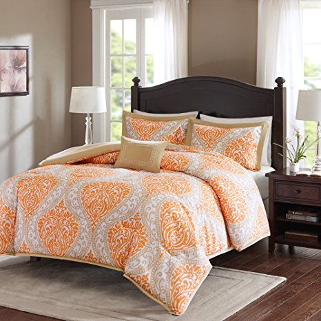 Comfort Spaces - Coco Comforter Set - 3 Piece - Orange and Taupe - Printed Damask Pattern - Twin/Twin XL size, includes 1 Comforter, 1 Sham, 1 Decorative Pillow