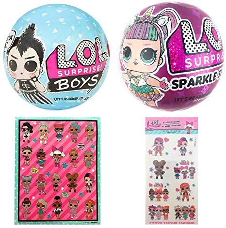 L.O.L. Surprise! Gift Bundle - Boys Series and Sparkle Series Doll   LOL Surprise Sticker Sheet and 8 Tattoos