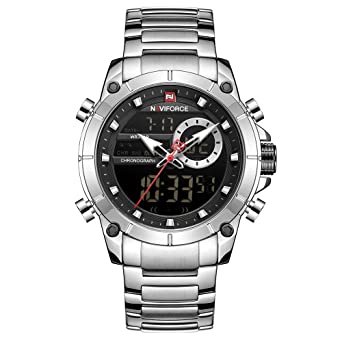 NAVIFORCE Large Face Military Watch Stainless Steel Waterproof Sports Watches Analog Quartz Calendar Business Fashion Wristwatch for Men