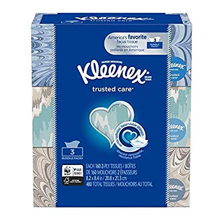 Kleenex Trusted Care Everyday Facial Tissues, Flat Box, 160 Tissues per Flat Box, 3 Packs