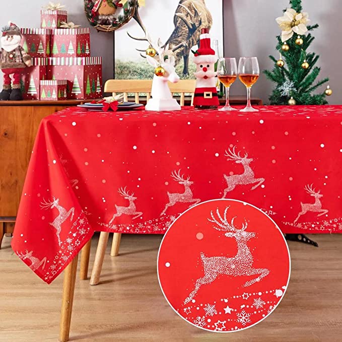 TOMORO Rectangle Christmas Tablecloth - Xmas Themed Reindeer & Snowflake Print Tablecloth Table Cover for Holiday Dinner Party Kitchen Decoration, 60 x 84 inch