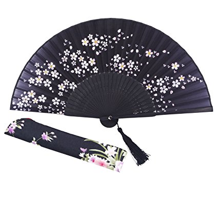 Amajiji® Charming Elegant Modern Woman Handmade Bamboo Silk 8.27" (21cm) Folding Pocket Purse Hand Fan, Collapsible Transparent Holding Painted Fan with Silk Pouches/ Wrapping. (CZT-05)