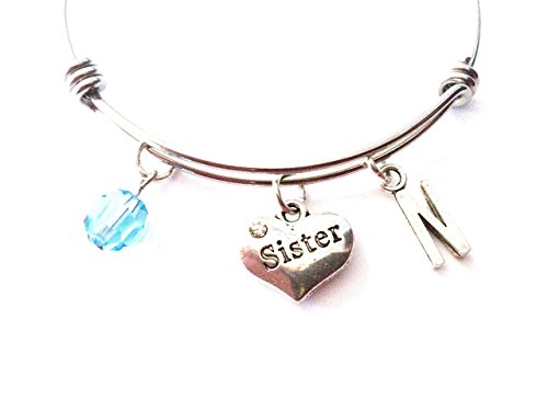 Sister themed personalized bangle bracelet. Antique silver charms and a genuine Swarovski birthstone colored element.