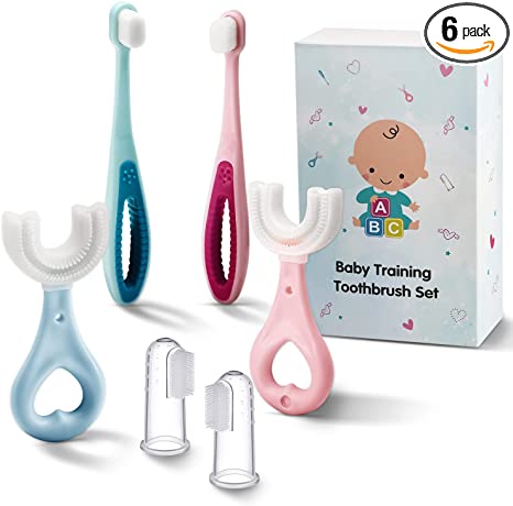 6 in 1 Baby Training Toothbrush Set - Infant to Toddler Toothbrush Oral Care Toothbrush for Baby - Food Grade Silicone,Extra Soft Bristles,Perfect for 6 ,12 ,24  Months,Baby Essentials Gift(6-Pack)